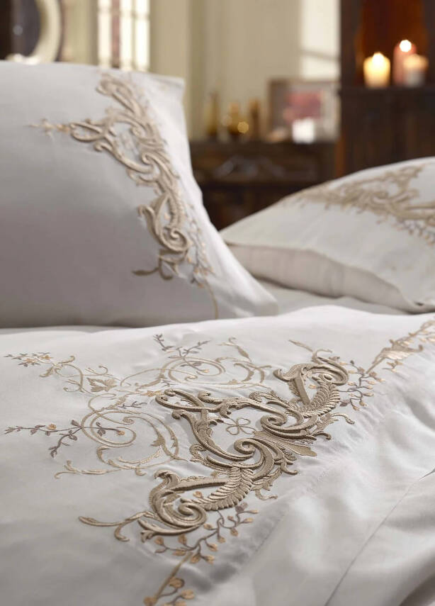 Olivia %100 Pamuk Saten Nakışlı Çift Kişilik Nevresim Takımı - Beyaz - 2