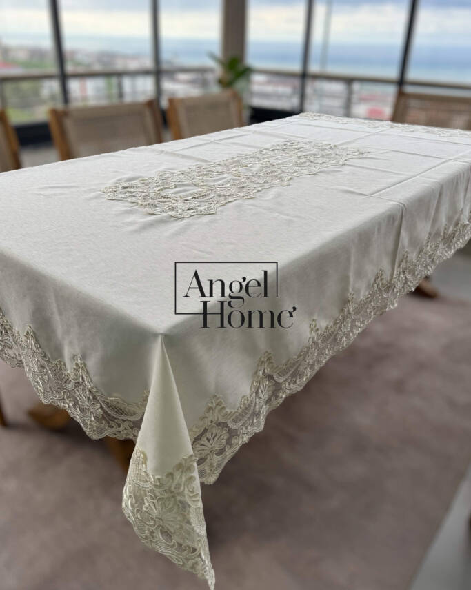 Royal Home Keten Kumaş Fransız Dantelli Leke Tutmaz Dertsiz Masa Örtüsü - 7