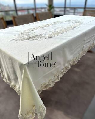 Royal Home Keten Kumaş Fransız Dantelli Leke Tutmaz Dertsiz Masa Örtüsü - 1