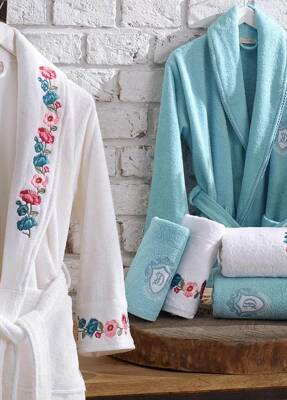 Valeria 6 Parça %100 Pamuk Nakışlı Bornoz Seti - Beyaz/Mavi - 1